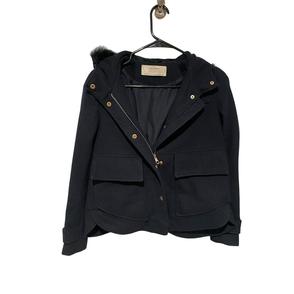 Zara Basic crop pea coat navy faux fur hood small